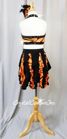 Black and Orange Animal Stripe 2Pc Halter Top and Brief/Back Tendril Skirt - Swarovski Rhinestones