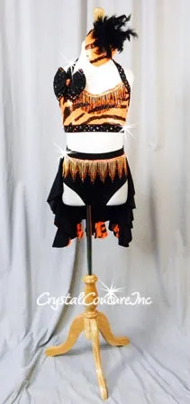 Black and Orange Animal Stripe 2Pc Halter Top and Brief/Back Tendril Skirt - Swarovski Rhinestones
