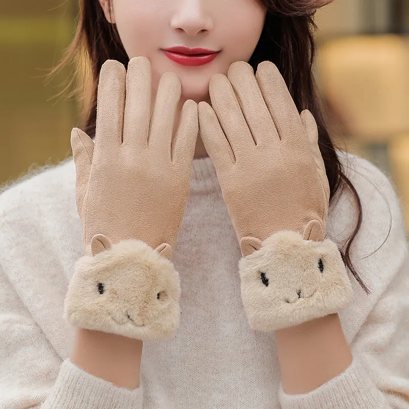Gloves women's winter Korean version of all-match suede plus velvet thick warm cycling with cute touch screen full finger leather gloves