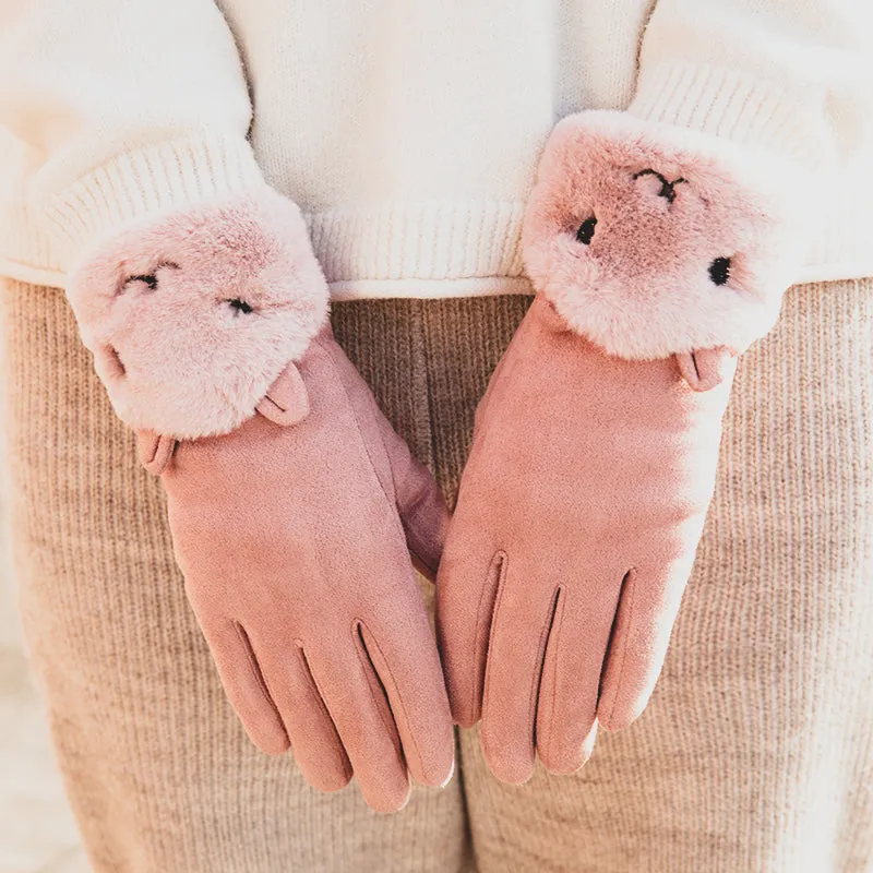 Gloves women's winter Korean version of all-match suede plus velvet thick warm cycling with cute touch screen full finger leather gloves