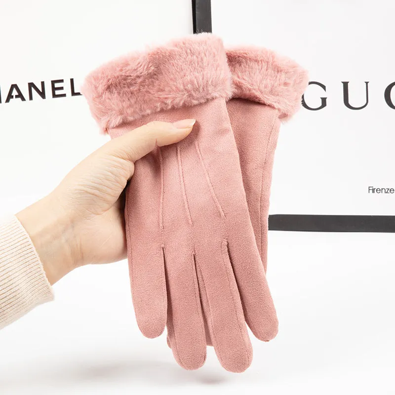 Gloves women's winter Korean version of all-match suede plus velvet thick warm cycling with cute touch screen full finger leather gloves
