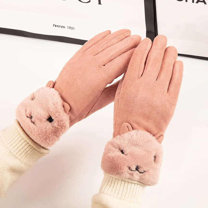 Gloves women's winter Korean version of all-match suede plus velvet thick warm cycling with cute touch screen full finger leather gloves