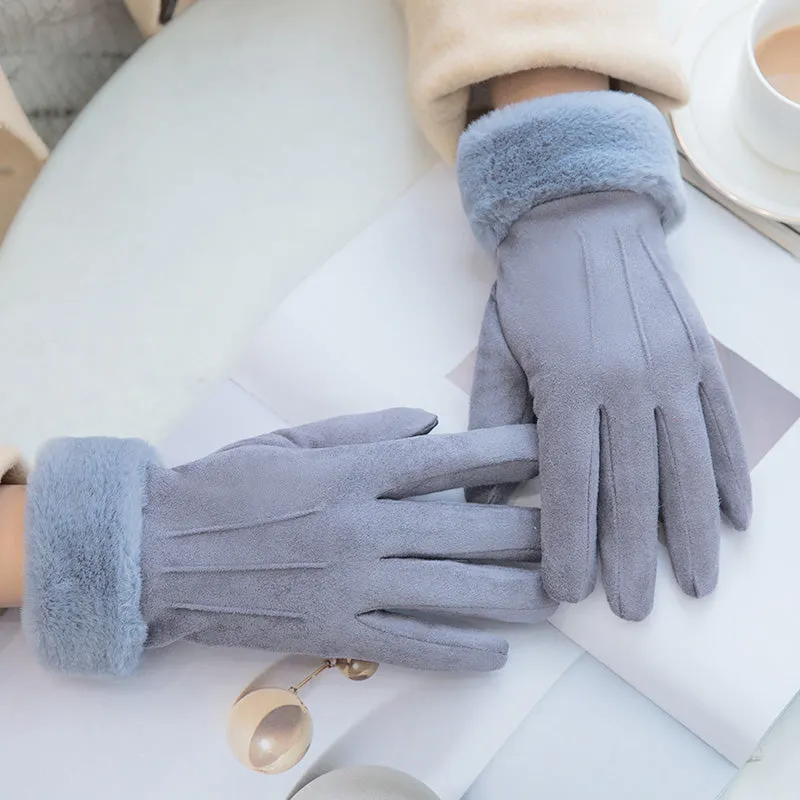 Gloves women's winter Korean version of all-match suede plus velvet thick warm cycling with cute touch screen full finger leather gloves