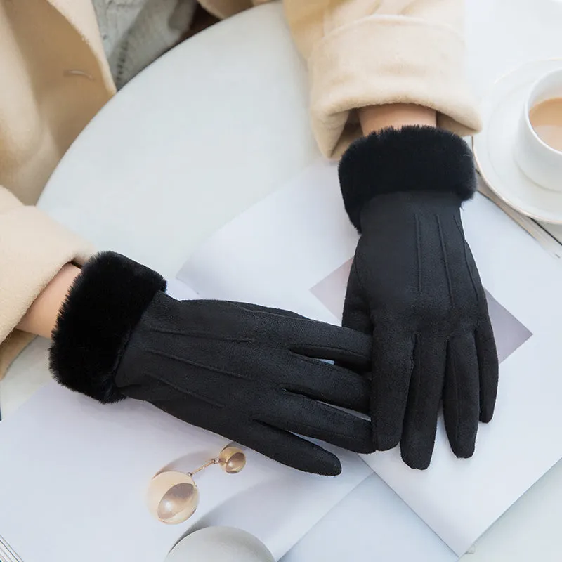 Gloves women's winter Korean version of all-match suede plus velvet thick warm cycling with cute touch screen full finger leather gloves