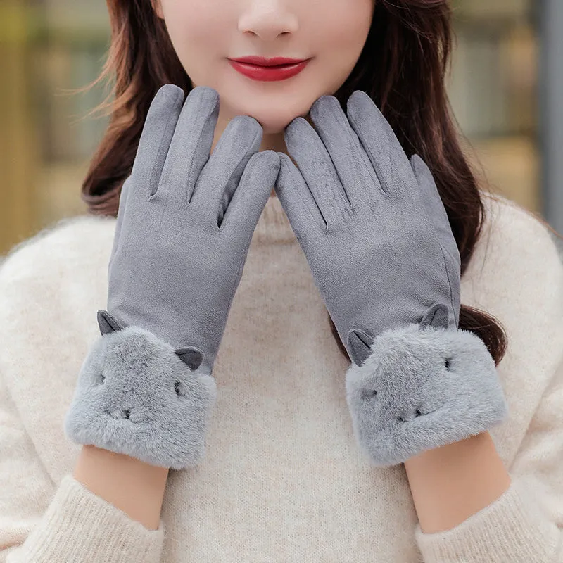 Gloves women's winter Korean version of all-match suede plus velvet thick warm cycling with cute touch screen full finger leather gloves