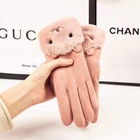 Gloves women's winter Korean version of all-match suede plus velvet thick warm cycling with cute touch screen full finger leather gloves