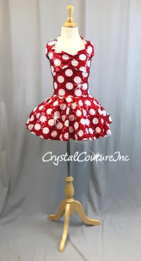 Red & White Polka Dot Halter Dress with Sequins - Rhinestones