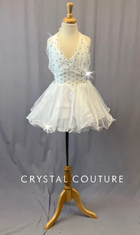 White Shimmer Halter Dress with Crinoline - Rhinestones